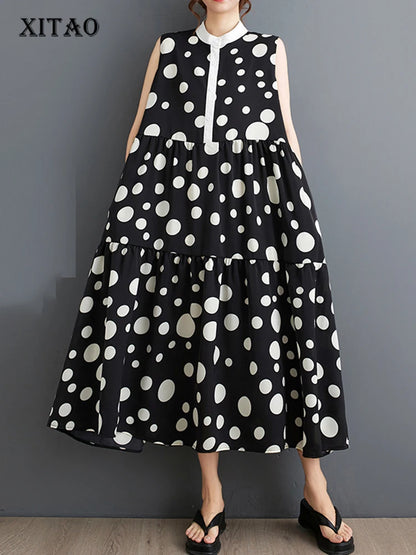 XITAO Print Sleeveless Stand Collar Dress Polka Dot Fashion Contrast Color Casual Loose All-match Pullover A-line Dress ZY8809