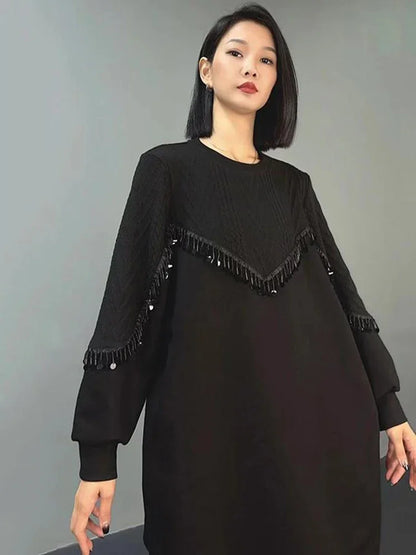 XITAO A-line Casual Knee-length O-neck Women Dress Fashion Trendy Patchwork Full Sleeve Knitted Loose Female Dress GMM1091