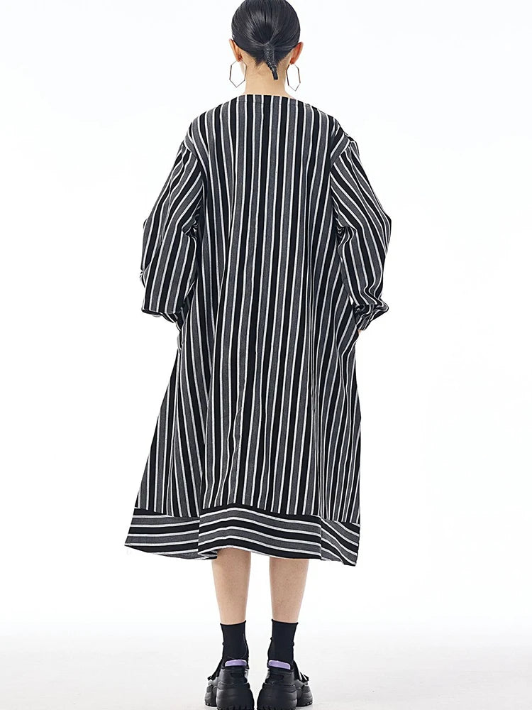 XITAO Contrast Color Women Long Sleeve Dress 2024 Autumn Casual O-neck Pullover Patchwork Loose A-line Striped Dress LJ1074