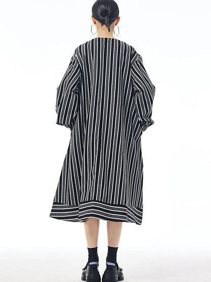 XITAO Contrast Color Women Long Sleeve Dress 2024 Autumn Casual O-neck Pullover Patchwork Loose A-line Striped Dress LJ1074