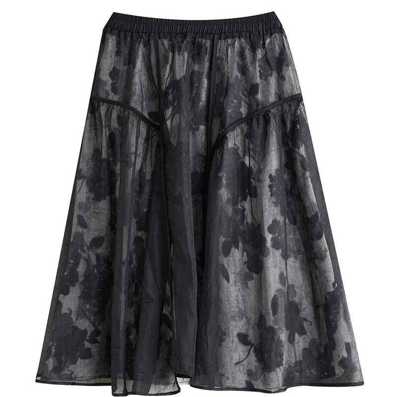 XITAO Gauze Patchwork Print Fashion Skirts Elastic Waist Loose A-line Mid-calf Casual All Match Skirts 2024 Autumn New ZY8915