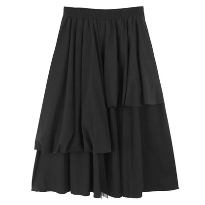 XITAO A-line Casual Mid-calf Elastic Waist Skirt Sweet Cool Mesh Irregular Slimming Dark Patchwork Autumn Women Skirt GMM1071