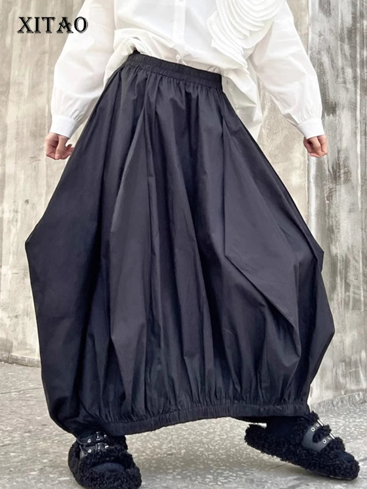 XITAO Irregular Elastic Waist Skirt Pleated Personality Solid Color Fashion Street Trendy Spring Women New Skirt DMJ4056