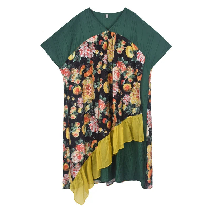 XITAO Casual Patchwork Print Dress Korea Summer New Arrival Personality Fashion Loose V-neck Short Sleeve Dress WLD20049