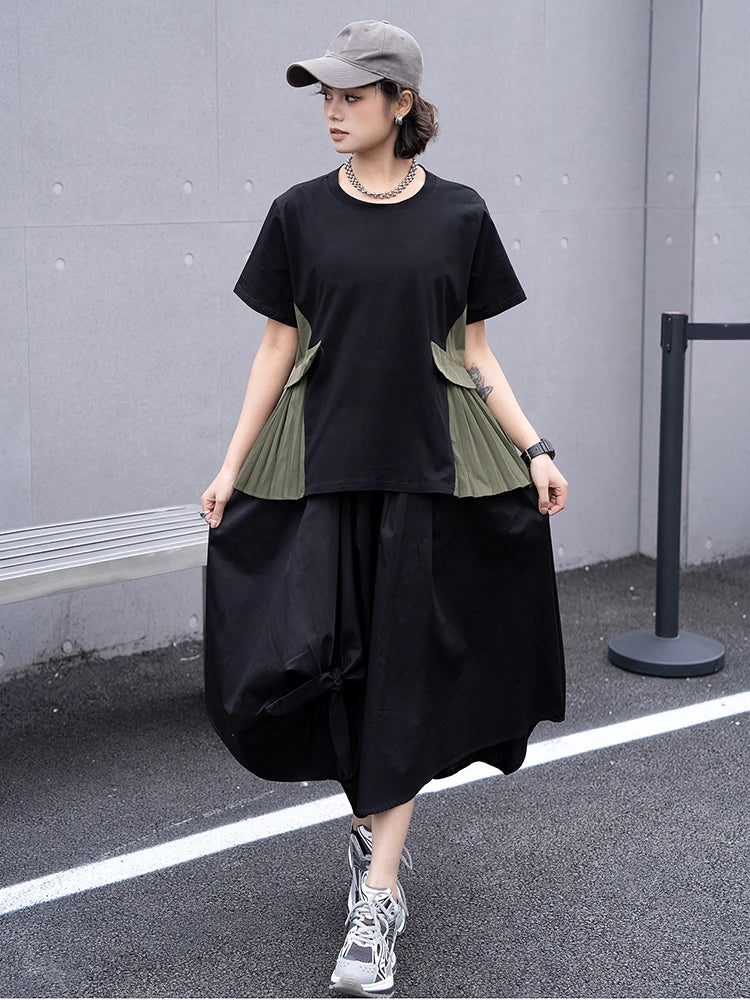 XITAO Pleated Patchwork T-shirt Loose Casual Contrast Color Fashion Simplicity Spring Summer New Women T-shirt Top GJ1005