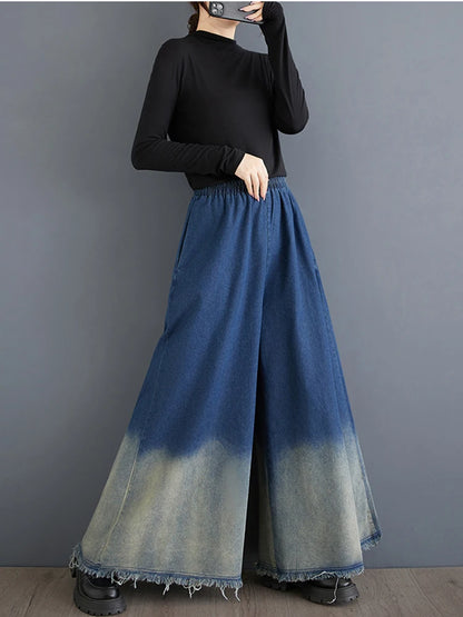 XITAO Casual Loose Vintage Wide Leg Pants Gradient Lazy Style Elastic Waist Full Length Elegant Autumn Women Jean ZYY1061