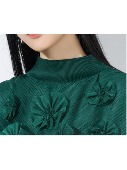 XITAO Pleated Puff Sleeve Flower Half High Collar Dress Full Sleeve Solid Color A-line Ankle-length Autumn Female Dress GMM1333