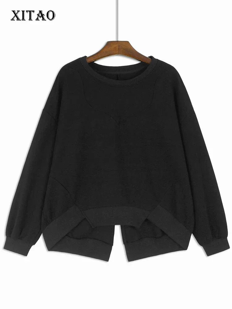 XITAO Loose Irregular O-neck Sweatshirts Personality Solid Color Long Sleeve Women Autumn New Casual All-match Top GYX1012