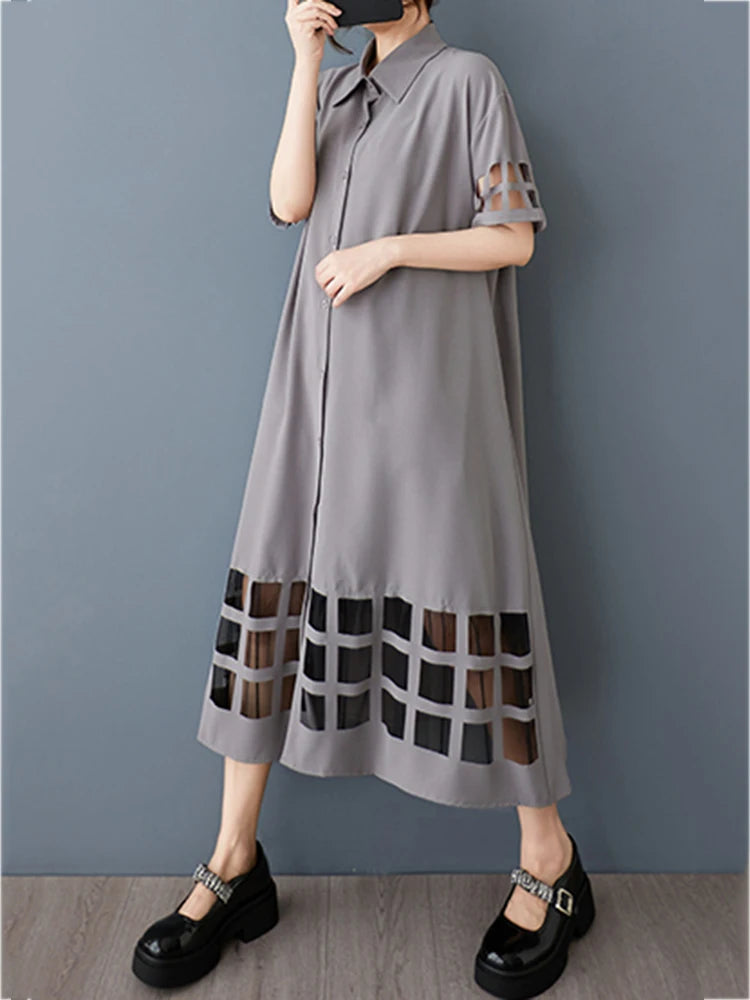 XITAO Patchwork Mesh Hollow Out Dress Solid Color Loose Half Sleeve Mid-calf A-line Elegant Fashion Summer Female Dress GYX1409