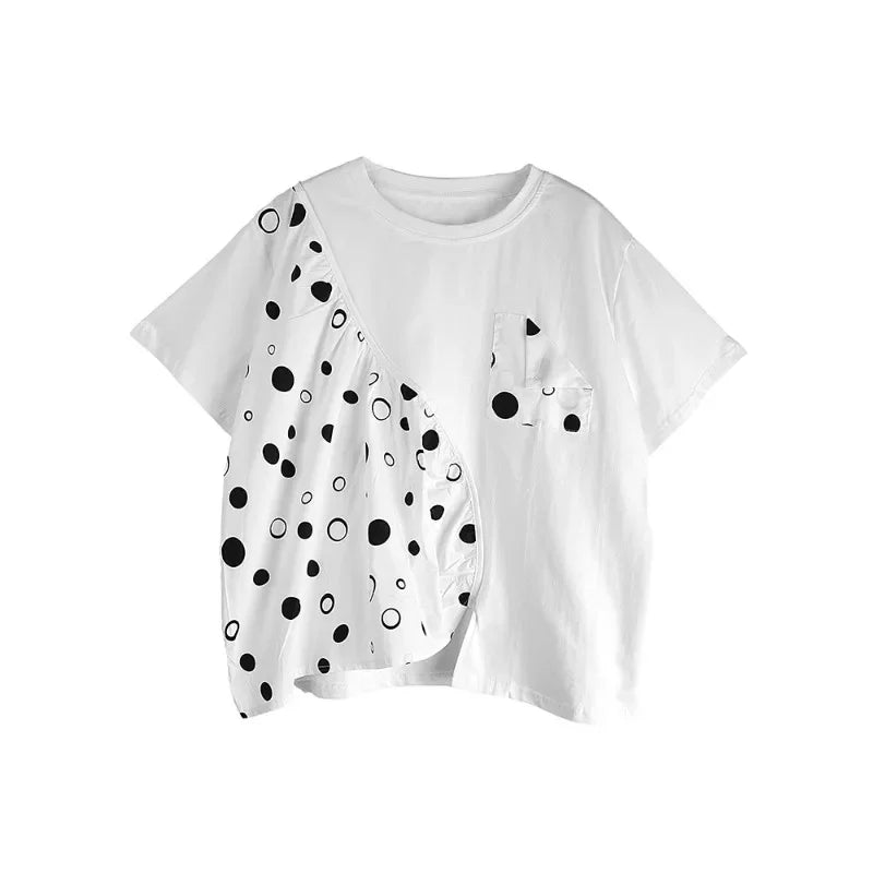 XITAO Asymmetrical Patchwork Polka Dot T-shirts Solid Color O-neck Short Sleeve Pullover Tops Summer All Match GJ1056