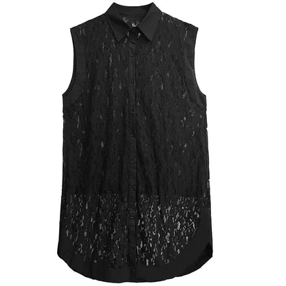 XITAO Hollow Out Lace Sleeveless Shirt Dress Single Breasted Simplicity Temperament Irregular 2024 Summer New Dress WLD20136