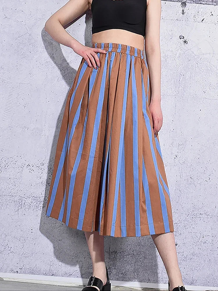 XITAO Striped Skirt Fashion New Women Elastic Waist Goddess Fan Casual Style 2024 Spring Summer Loose Minority Skirt ZY4491