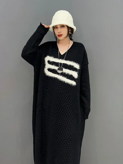 XITAO Knitted Dress Fashion Pullover Small Fresh Full Sleeve Goddess Fan Casual Style 2024 Winter Patchwork Dress FBB1184