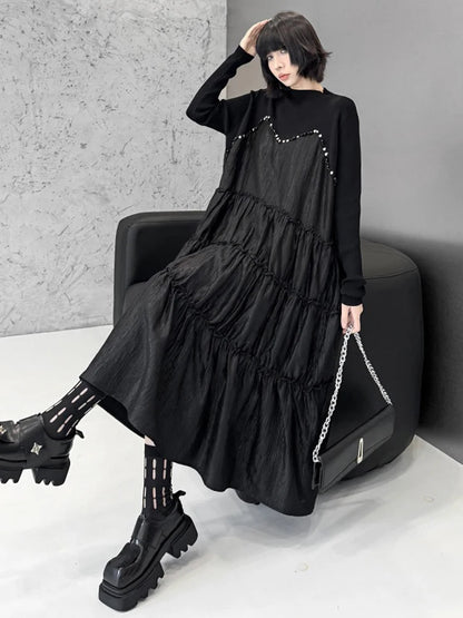 XITAO Patchwork Fold Cake Women Dress Full Sleeve Loose Slimming Elegant Pullover A-line Sweet Autumn Female Dress GMM1152