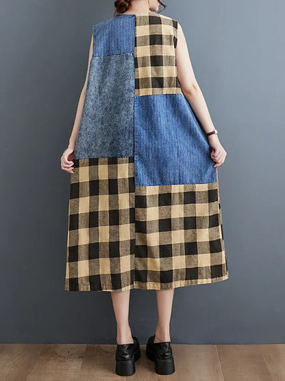 XITAO Sleeveless Denim Plaid Dress Fashion Simplicity V-neck Pullover Vintage Patchwork Dress Summer New Women HQQ1088