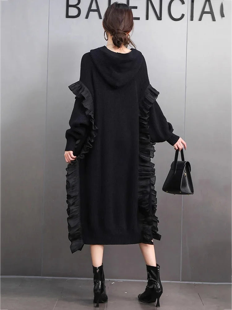 XITAO Ruffles Batwing Sleeve V-neck Dress Fashion Casual Solid Color Straight Knitting Mid-calf Loose Autumn Women Dress GMM1294