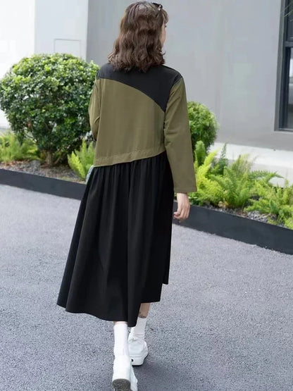 XITAO Full Sleeve O-neck Patchwork Dress Fashion Loose Casual All-match Slimming Pleated 2024 Autumn Women New Dress DMJ5007