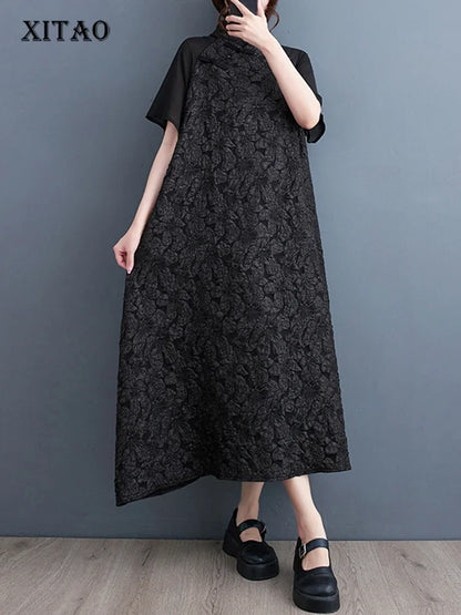 XITAO Vintage Patchwork Dress Fashion Floret Stand Collar Temperament Elegant Women Summer Loose Trend Dress DMJ2127