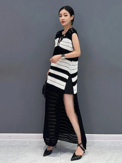 XITAO Knitting Side Split Bandage Pullover Dress Contrast Color Hollow Out Ankle-length Temperament Fashion 2024 Summer ZY8844