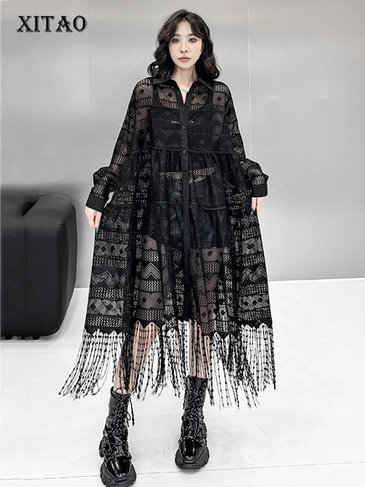 XITAO Casual Hollow Out Lace Black Mid-calf Dress Hong Kong New A-line Full Sleeve Loose Tassel Autumn Women Dress ZYY1117