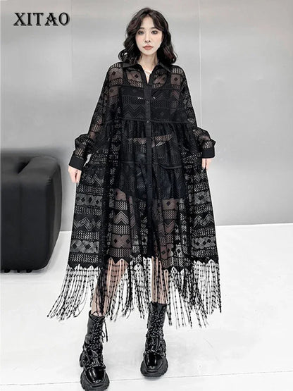 XITAO Casual Hollow Out Lace Black Mid-calf Dress Hong Kong New A-line Full Sleeve Loose Tassel Autumn Women Dress ZYY1117