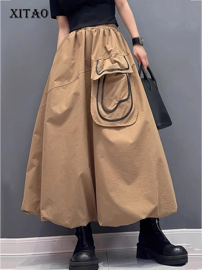 XITAO A-line Casual Ankle-length Loose Solid Color Skirt Elastic Waist Bud Long Style Fashion Pocket Autumn Female Skirt GMM1044