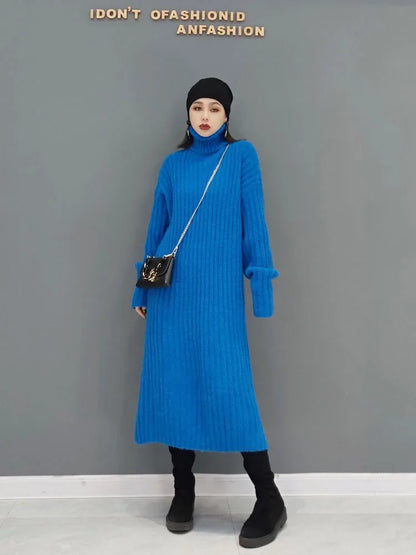 XITAO Turtleneck Knitting Dresses Fashion Casual Solid Color Simplicity Pullover Loose Long Temperament New Arrival GWJ1988