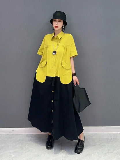 XITAO Single Breasted Dress Woman Personality Fashion Loose Turn-down Collar Full Sleeve Dress Korea 2024 Summer New SMH1628