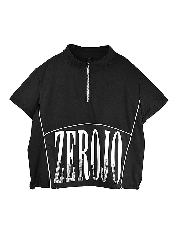 XITAO Letter Zipper Patchwork Stand Collar T-shirts Solid Color Pullover Short Sleeve Loose Casual Tops New ZY8796