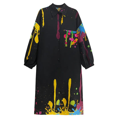 XITAO Casual Long Sleeve Shirt Dress Loose Fashion Simplicity Contrast Color Print Turn-down Collar Women Autumn New DMJ2731