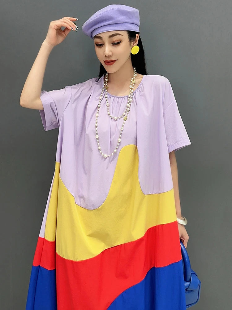 XITAO Loose Patchwork O-neck Female Dress Fashion Contrast Color Women Summer New Casual Irregular Simplicity Dress ZY8757