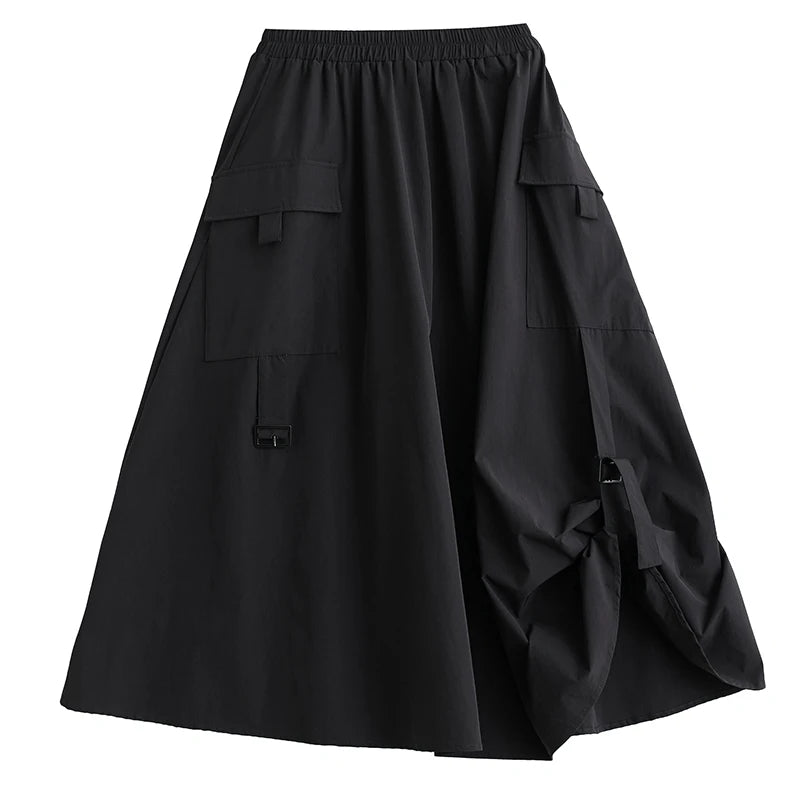 XITAO Pocket Patchwork Asymmetrical Skirts Solid Color Elastic Waist  A-line Loose Mid-calf All Match Skirts 2024 Autumn DMJ5020