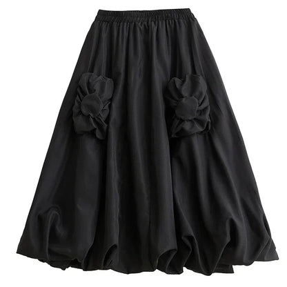 XITAO Three Dimensional Decoration Female A-line Skirt Patchwork Pleated Elastic Waist Solid Simplicity Women Skirt DMJ3413