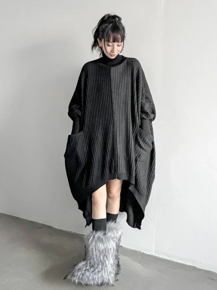 XITAO Batwing Sleeve Knitting Dress Turtleneck Asymmetrical Contrast Color Splicing Loose Sweater Dress 2024 Winter New DMJ3168