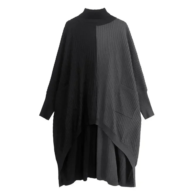 XITAO Batwing Sleeve Knitting Dress Turtleneck Asymmetrical Contrast Color Splicing Loose Sweater Dress 2024 Winter New DMJ3168