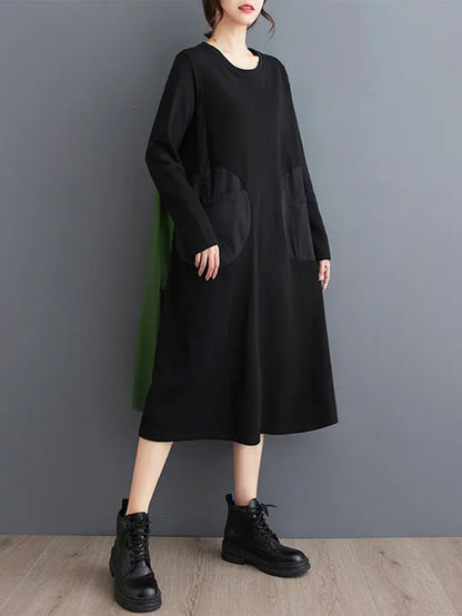 XITAO Contrast Color Patchwork Dress Casual Long Sleeve Loose Fashion Simplicity O-neck Pullover Loose Dress 2024 New DMJ3240