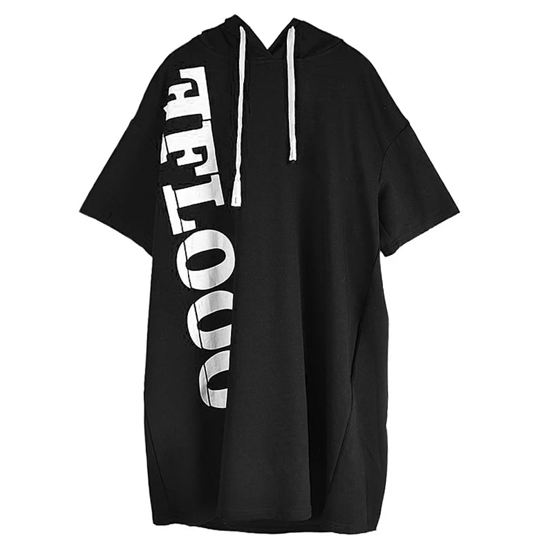 XITAO Hooded Letter Printing Drawstring Dress Casual Loose Fitting Knee-length Half Sleeve Pullover Summer Women Dress GMM1194