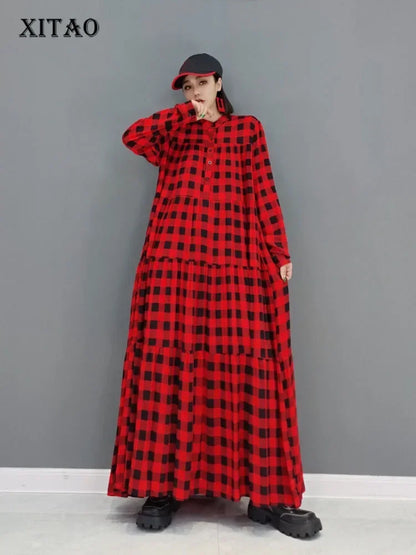 XITAO Plaid Pleated Pullover Dress Women Spring New Personality Fashion Loose Half High Collar Full Sleeve Dress GWJ0734