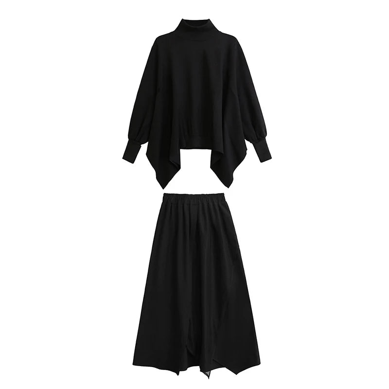 XITAO Casual Full Sleeve A-line Elastic Waist Ankle-length Matching Set Black Series Fashion Autumn Female Dress Set GMM1061