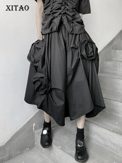 XITAO Asymmetrical Three-dimensional Flower Decoration Fashion Empire Waist Loose Women All-match Summer New Black Skirt ZXR1515