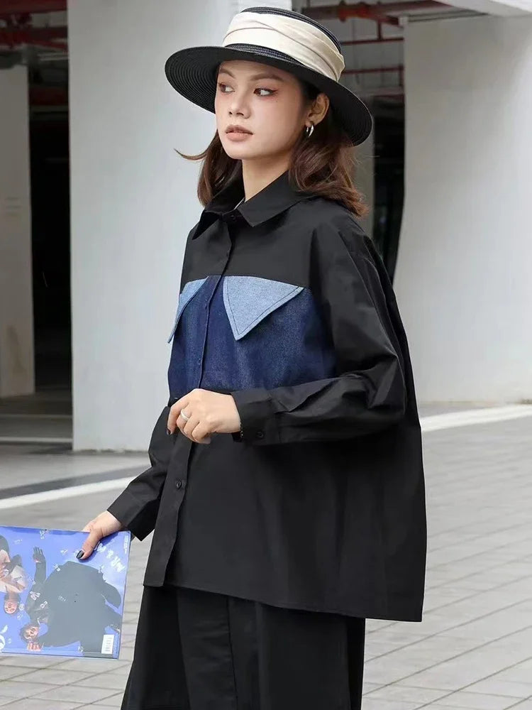 XITAO Casual Solid Color Patchwork Denim Blouse Turn-down Collar Full Sleeve Contrast Color Fashion Autumn Women Shirt GMM1135