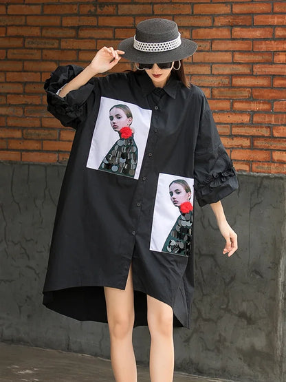 XITAO Asymmetrical Dress Women Sequins Patchwork Tide Fashion New Style Turn Down Collar Long Sleeve 2021 Autumn Loose WMD1596