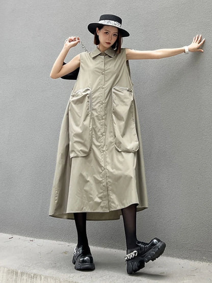 XITAO Big Pockets Sleeveless Shirt Dress Solid Color Loose Fashion Single Breasted Simplicity Turn Down Collar Women GJ1065