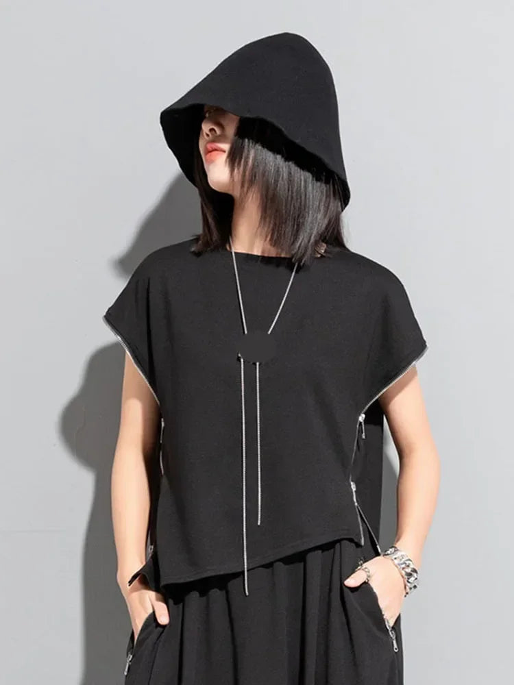 XITAO Solid Asymmetrical T-Shirt Women Summer New Personality Fashion Loose V-neck Short Sleeve T-Shirt WLD11216