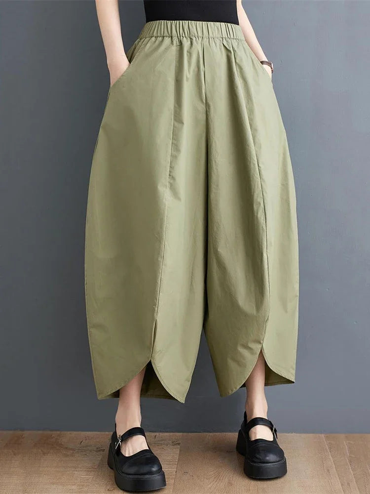 XITAO Women Wide Leg Pants Irregular Solid Color Elastic Waist Pocket Pleated Summer Ankle Length Pants Elegant WLD16705