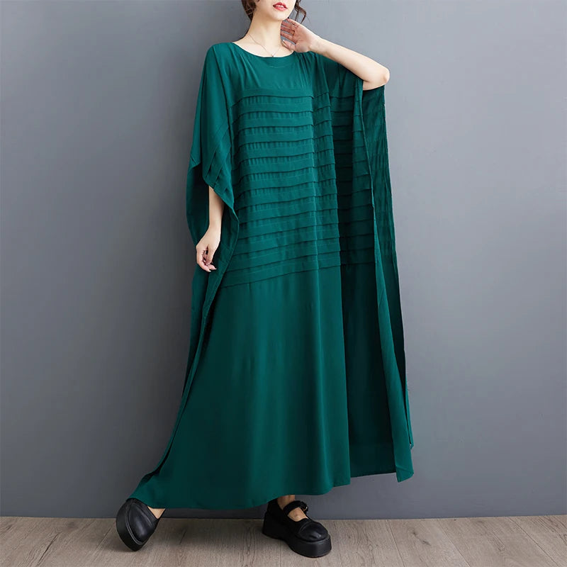 XITAO Folds Batwing Sleeve Dress Loose Fashion Solid Color Simplicity Casual Temperament Women Summer New Dress 2024 ZY8745