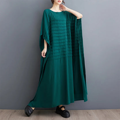 XITAO Folds Batwing Sleeve Dress Loose Fashion Solid Color Simplicity Casual Temperament Women Summer New Dress 2024 ZY8745