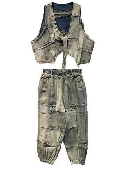 XITAO Vintage Denim Pants Sets Irregular Sleeveless Vest Harem Pants Two Pieces Sets Fashion 2024 Summer New Women SMH1630