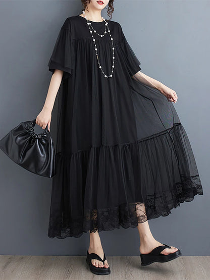 XITAO Gauze Patchwork Short Sleeve Dresses O-neck Solid Color Pullover Loose Slimming Dress 2024 Summer New Fashion LYD1855