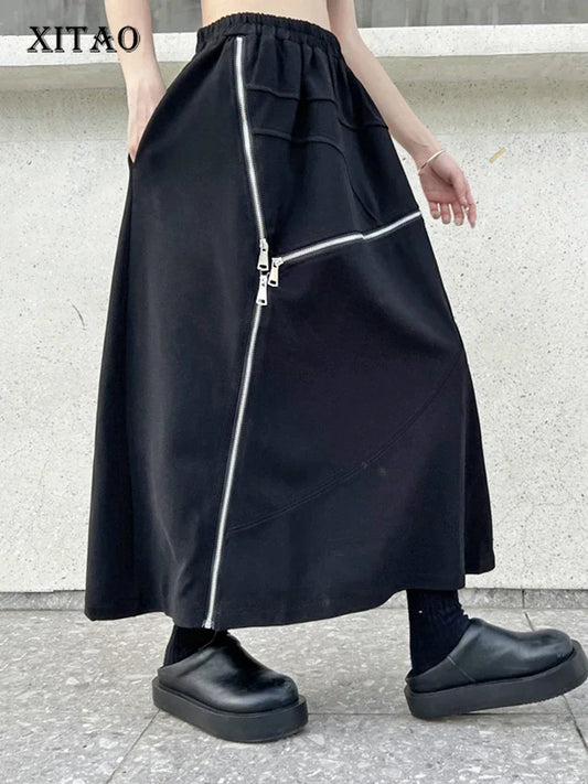 XITAO Irregular Zipper Splicing Skirt Black Casual Fashion Loose Women A-line Skirt Spring All-match New HQQ1919